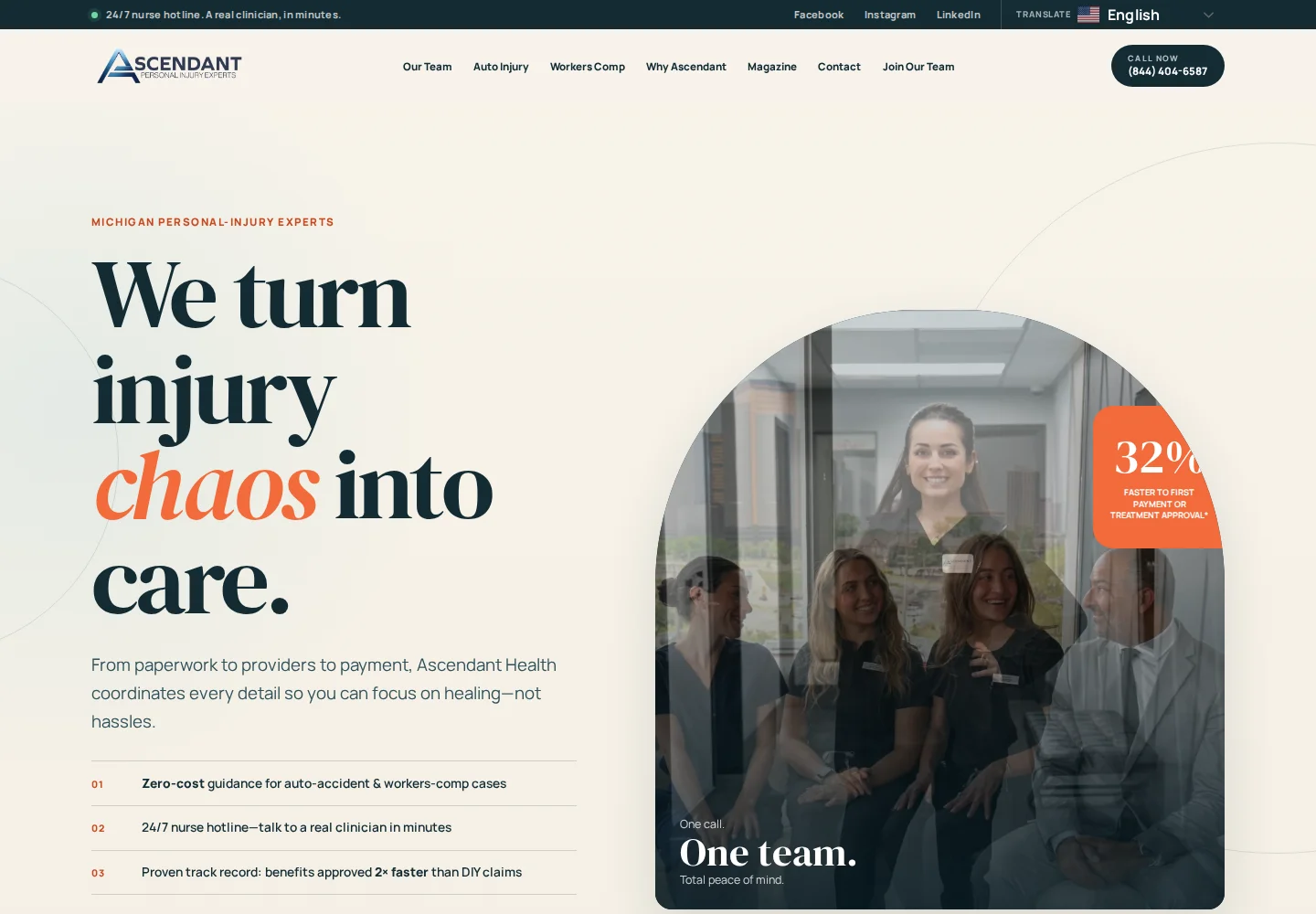 Redesigned Ascendant Health homepage with a warm editorial layout, bold typography, and a focused team photograph.