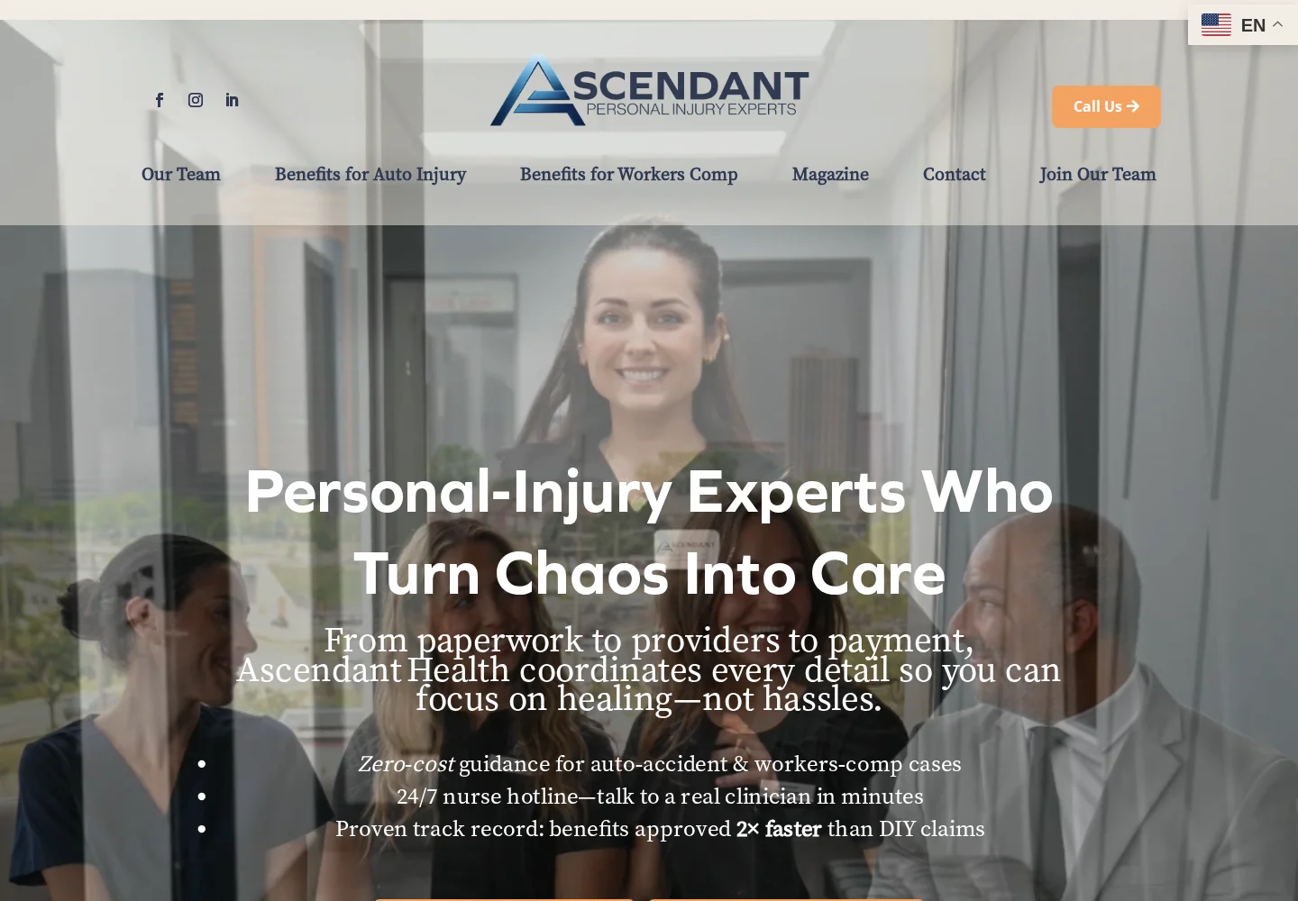 Original Ascendant Health homepage with a layered hero image, centered white copy, and a large navigation header.