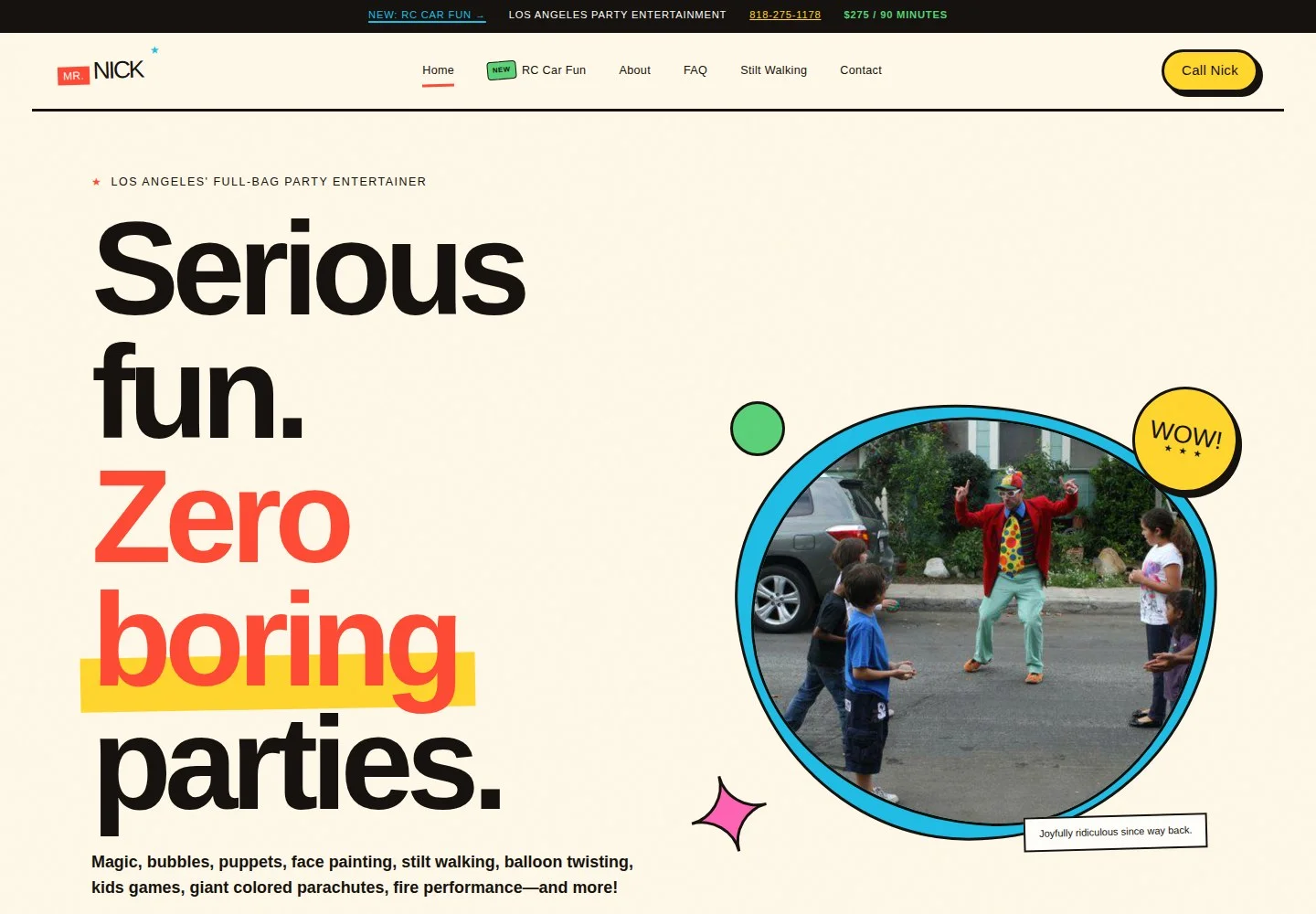 Redesigned LA Clown homepage with bold playful typography, cream background, and colorful party photography.