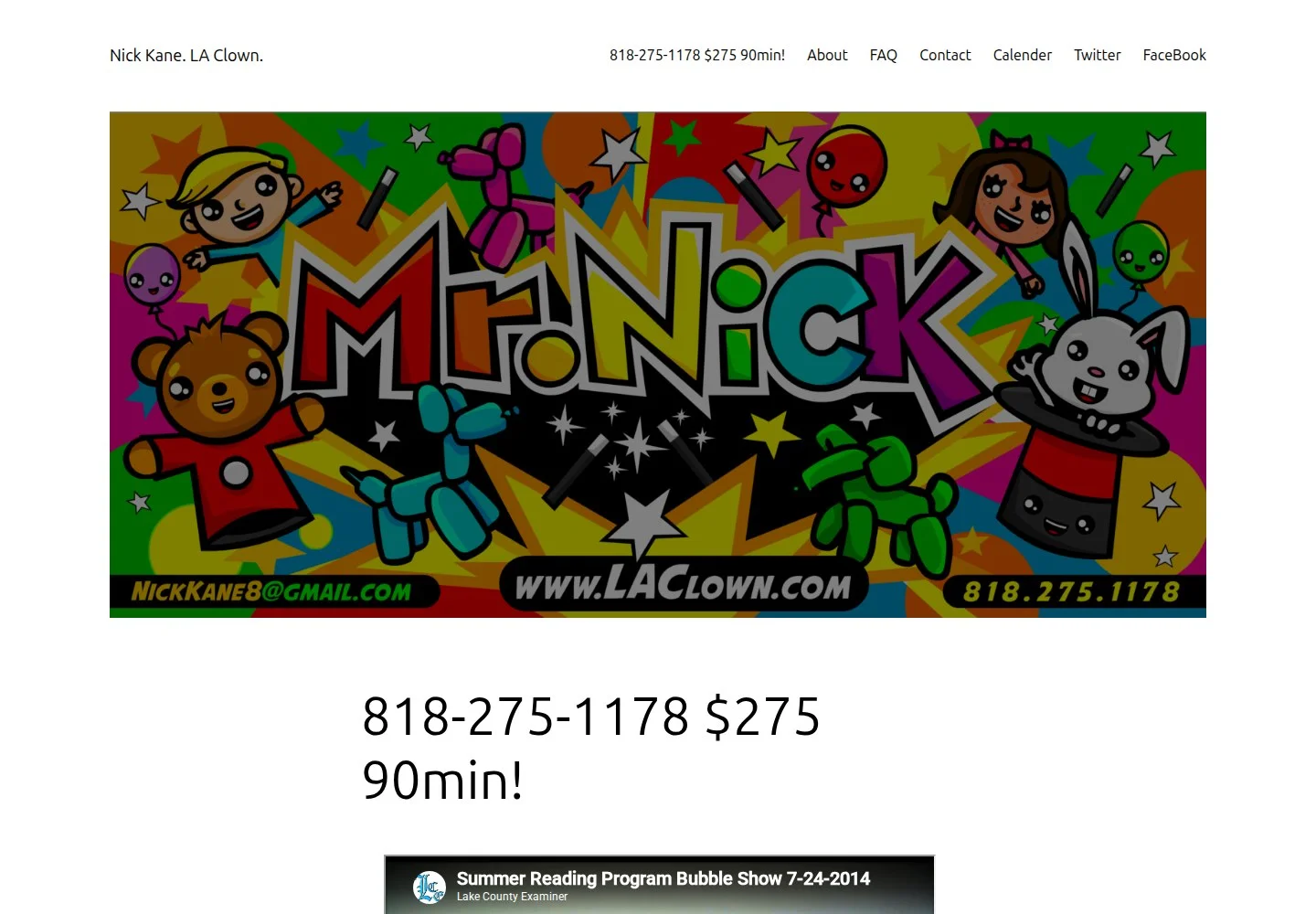 Original LA Clown homepage with a simple white layout, text navigation, and illustrated poster.